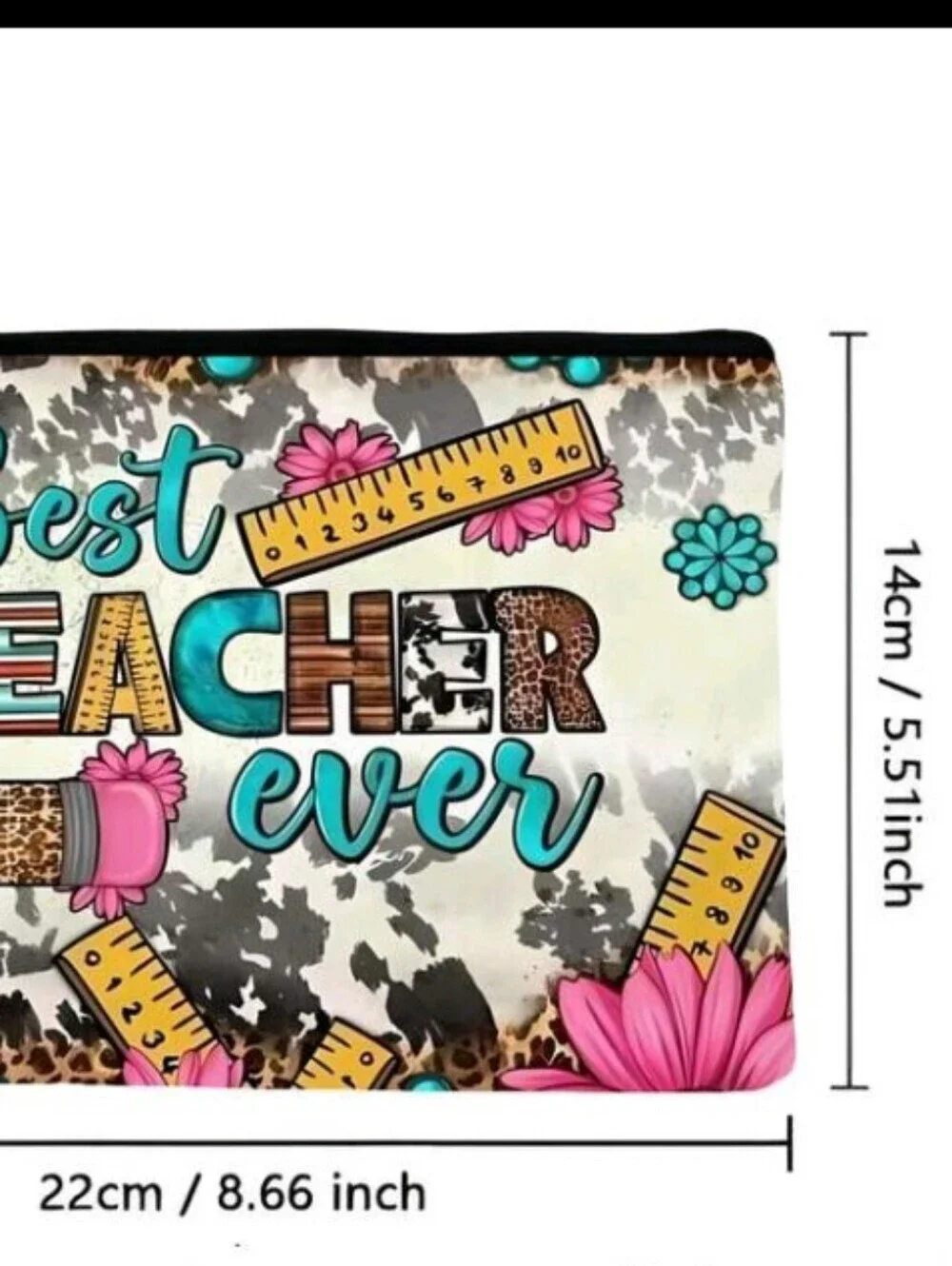Best Teacher Ever Floral Pencil Pouch Turquoise & Pink Zipper Canvas Purse